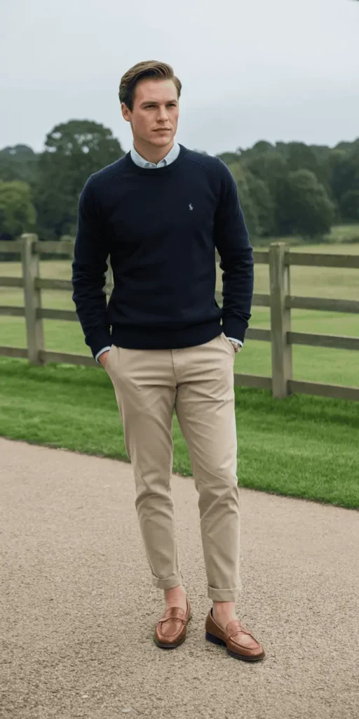Navy Crewneck Sweater with Beige Chinos and Loafers