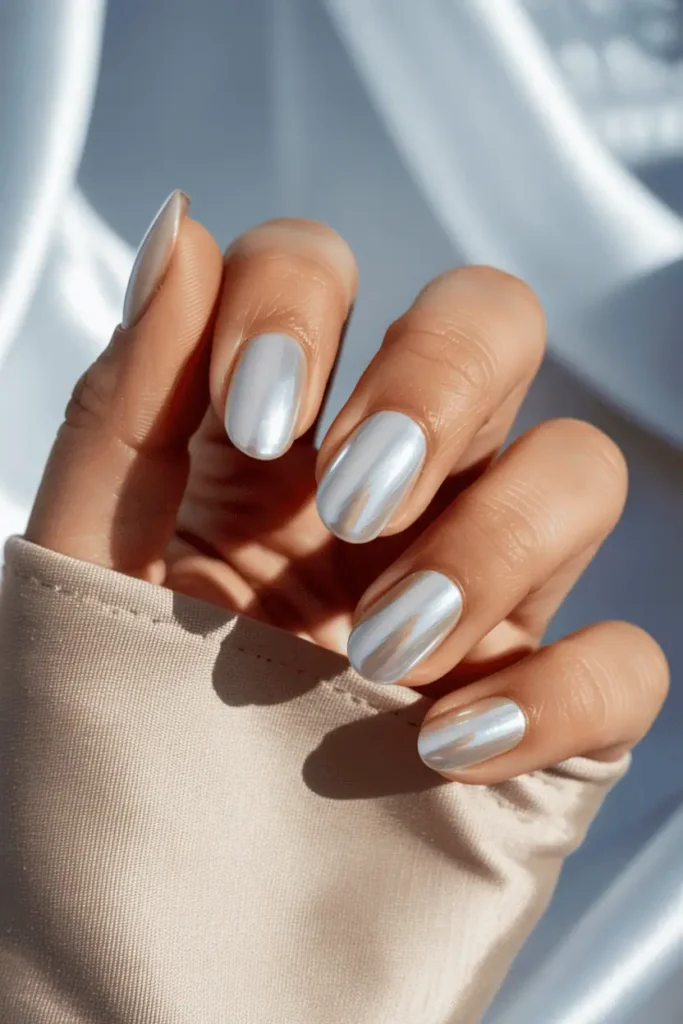 Milky white chrome nails with reflective sheen, minimal modern background.
Pinterest hero photo, bright daylight, cool neutral palette, props: silk fabric, soft focus, snow tones.