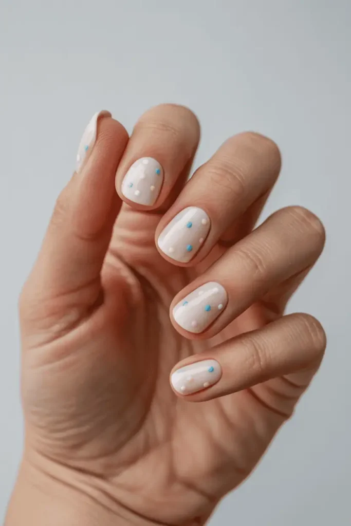 milky white nails with tiny pastel dots, minimalist spring nail art, short nails, soft pastel accents, clean neutral background, natural daylight, realistic macro nail photography, pinterest vertical 2:3, no text