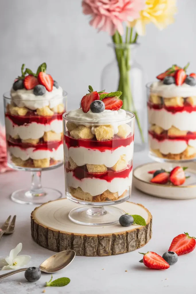 “mini easter trifles layered with cake cream and berries in clear glasses, pastel tones, bright daylight, elegant but simple styling, professional food photography, photorealistic, no text, vertical 2:3”