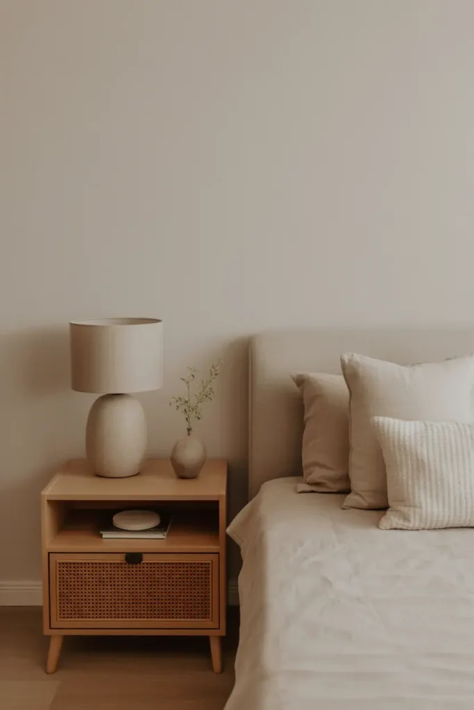 “minimal spring bedroom with decluttered bedside table, only lamp and small vase, clean surfaces, soft natural light, calm and open feeling, neutral palette, realistic interior photography, no text, 2:3 vertical”