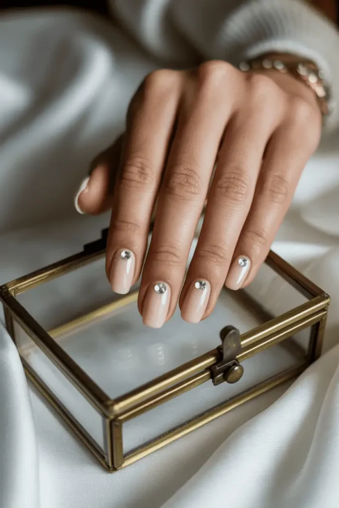 Nude nails with one clear rhinestone per nail, minimalist close-up.