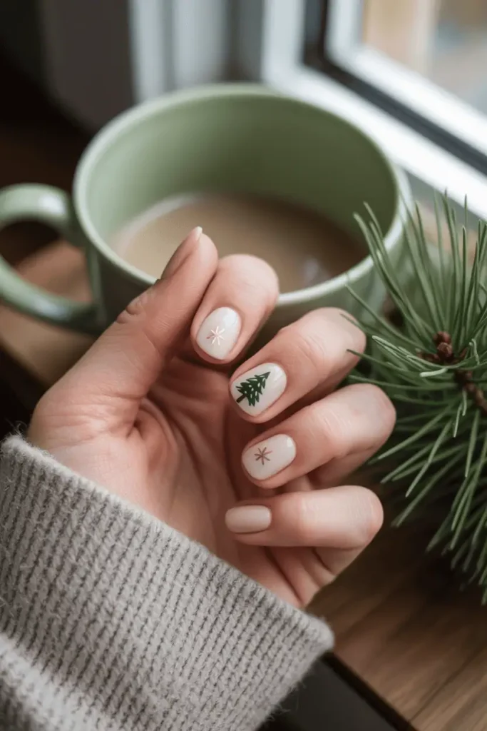 Nude nails with tiny green tree and gold star, simple at-home setup, natural light, calm cozy tone.
Pinterest hero photo, neutral beige and green palette, props: mug, pine branches, warm lighting.