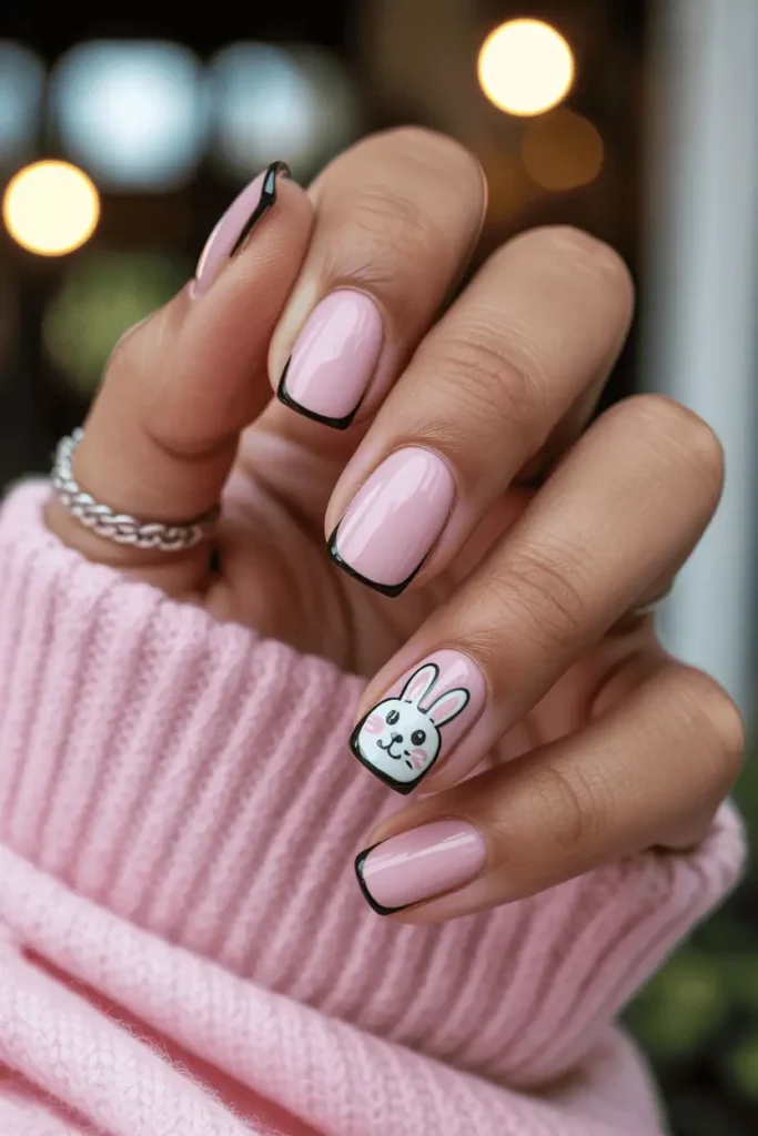 pastel pink nails with black outline accents, cute bunny suit-inspired details, cozy nostalgic background, warm lighting, realistic hands