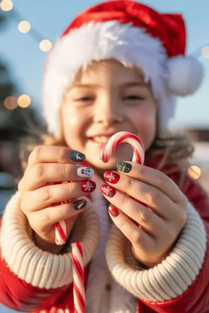 Playful mix of Santa, reindeer, snowflake, and present nail designs, child holding candy cane.