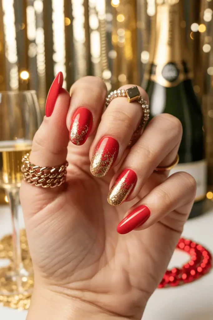 Red and gold gradient nails, glamorous party background, golden sparkle.