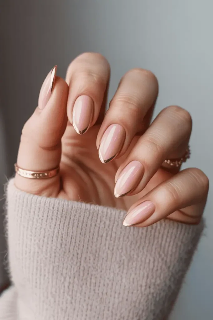 Rose Pink with Gold Accent Stripe Almond Nails