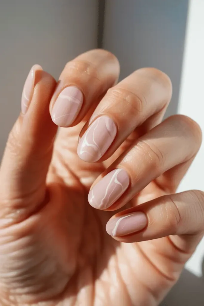 soft pastel pink marble nails with delicate white veining, glossy finish, bright natural light, elegant minimal background, high realism