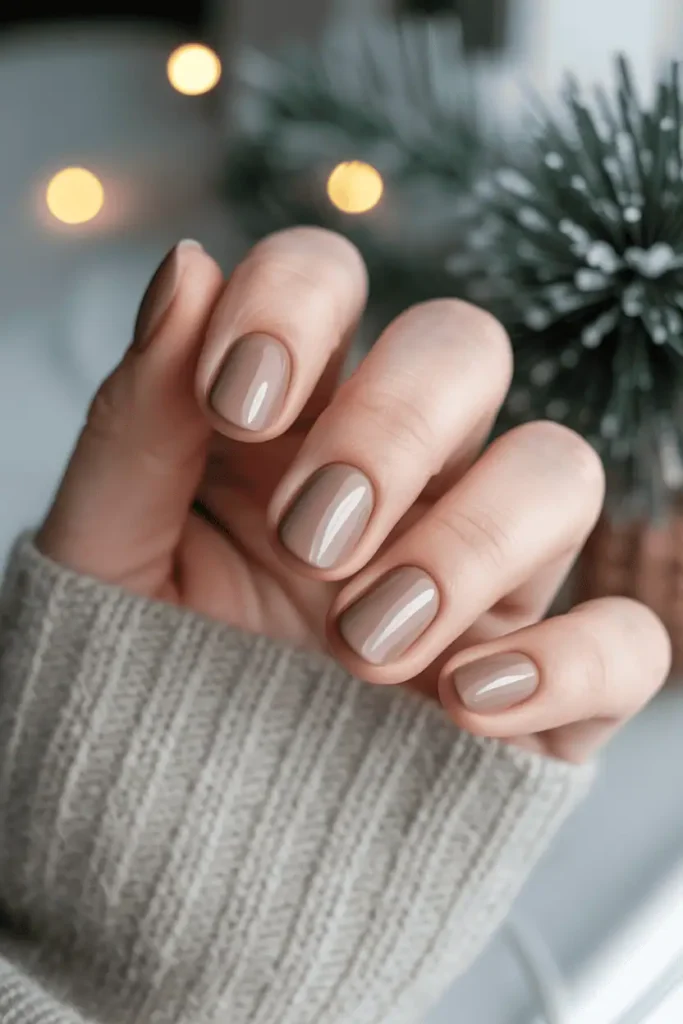 soft taupe nails, warm neutral shade, glossy or matte finish, cozy winter background with subtle decor, natural lighting, realistic hands