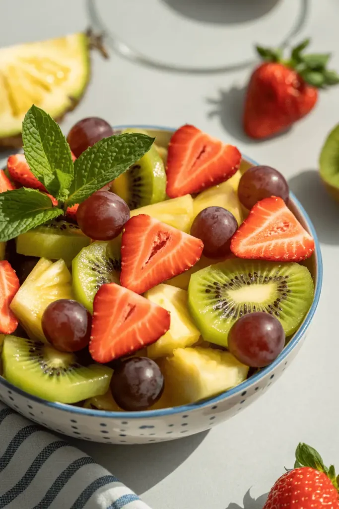 “spring fruit salad in bowl with strawberries kiwi pineapple grapes, fresh mint garnish, bright daylight, clean white background, fresh healthy brunch look, professional food photography, photorealistic, no text, vertical 2:3”