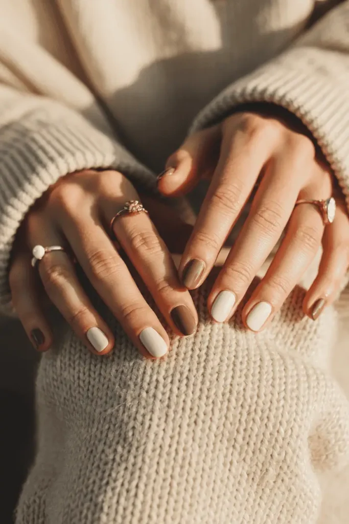 Taupe and pearl nails resting on ivory sweater, delicate jewelry visible, warm morning light.