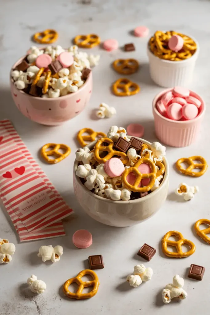 “Valentine trail mix in bowls and small cups, popcorn pretzels pink candies chocolate pieces, playful scattered look, bright natural light, kid-friendly styling, professional food photography, no text, vertical 2:3”