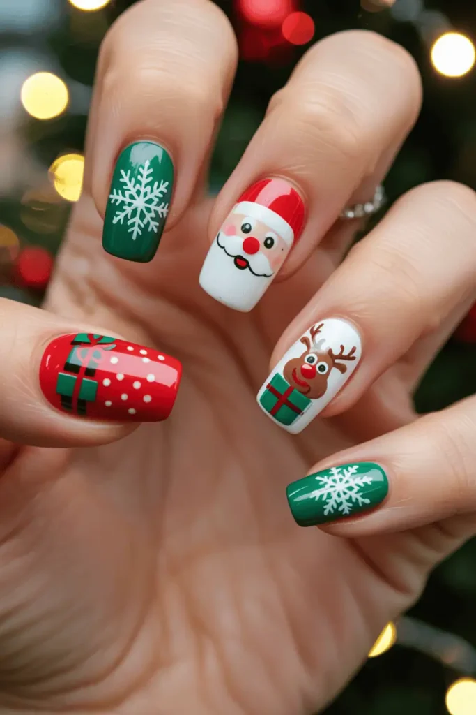 various nails with Santa face, Rudolph, gifts, snowflakes, bright colors red green white, cartoon holiday theme, playful background, warm festive lighting, realistic hands
