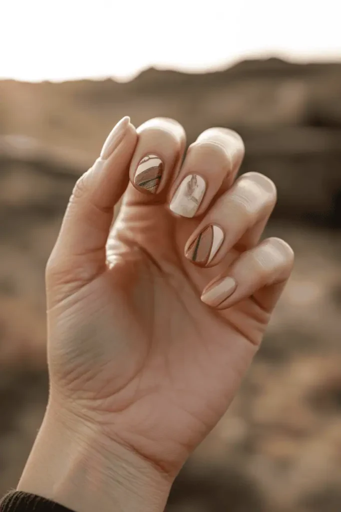 western inspired nail art, earthy neutral palette with rustic textures, warm sand and leather tones, subtle boho details, sunlit desert landscape background, relaxed cowgirl aesthetic, cinematic editorial nail photography, pinterest vertical 2:3 ratio, no text