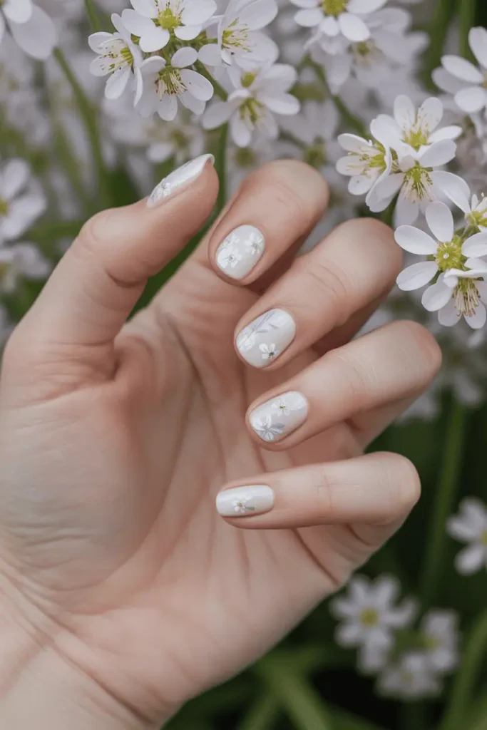 white nails with tiny pastel floral designs, realistic hands, delicate spring flowers softly blurred in background, natural daylight, elegant feminine aesthetic