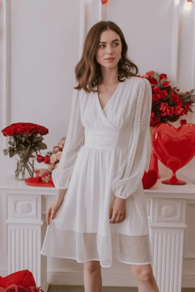 Woman wearing a romantic white midi or mini dress, standing in a bright room with red roses or Valentine décor. Clean white aesthetic with gentle warm tones.