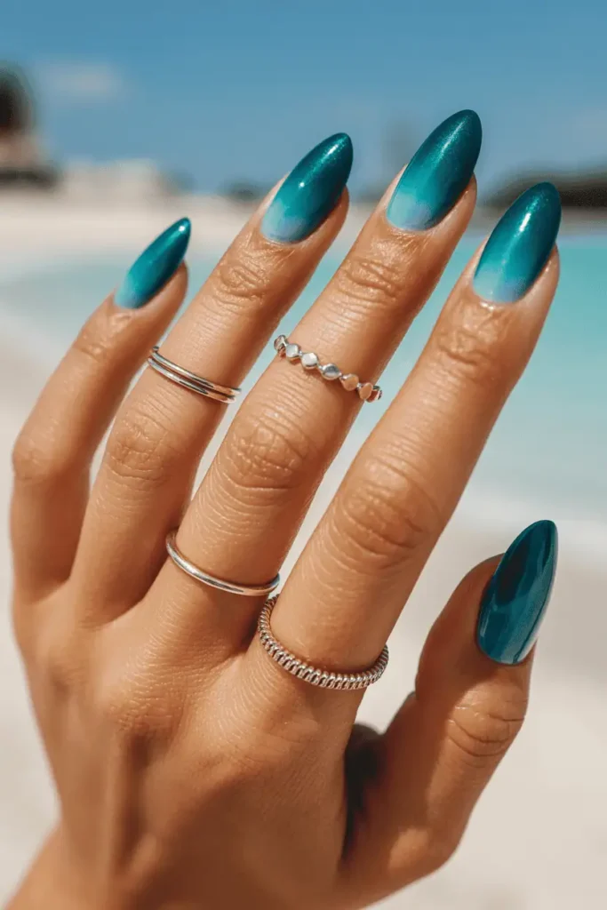 Teal to Turquoise Ombre on Almond Nails