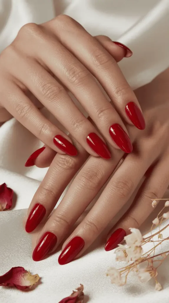 Raspberry Red On Long Almond Nails