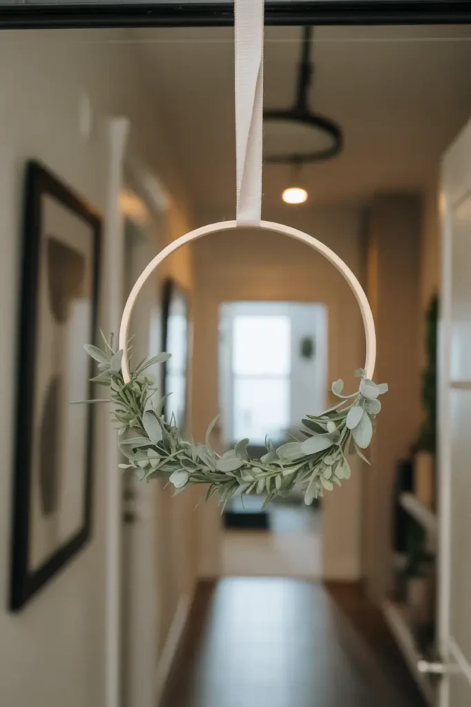 A small embroidery hoop wreath wrapped with ribbon and faux greenery hanging on an apartment door. The wreath is minimal and lightweight, perfect for small spaces. Natural hallway lighting, modern and space-conscious styling. The alternative feels achievable and apartment-friendly.