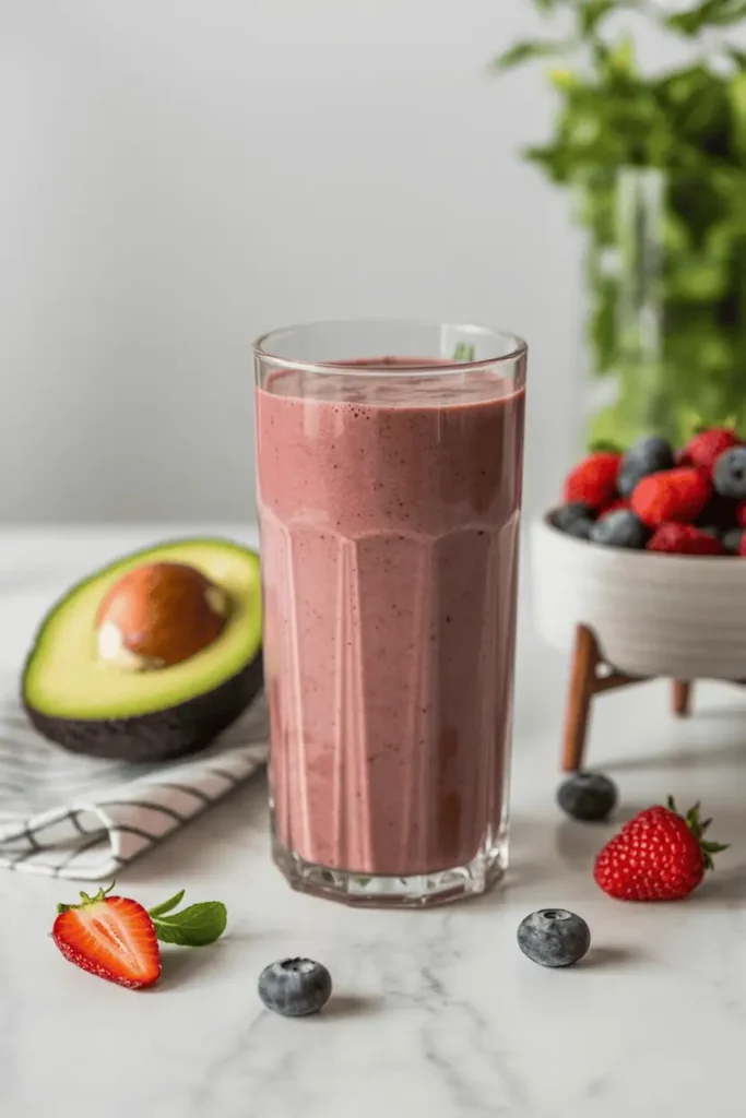 “avocado berry smoothie in tall glass, creamy purple-green tone, avocado half and berries beside glass, bright daylight, fresh healthy vibe, professional food photography, photorealistic, no text, vertical 2:3”