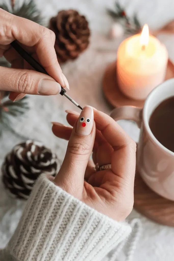 Beige nails with one red dot accent for Rudolph’s nose, cozy DIY nail art scene, hands painting nail.
Pinterest hero photo, candlelight, neutral palette with holiday details, props: pinecones, cocoa mug.