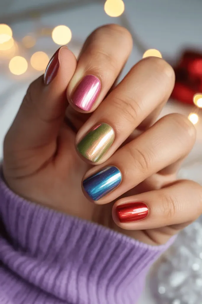 bright metallic foils in pink green gold blue red, shiny reflective holiday nail look, cozy festive background, warm lighting, realistic hands, Pinterest hero photo