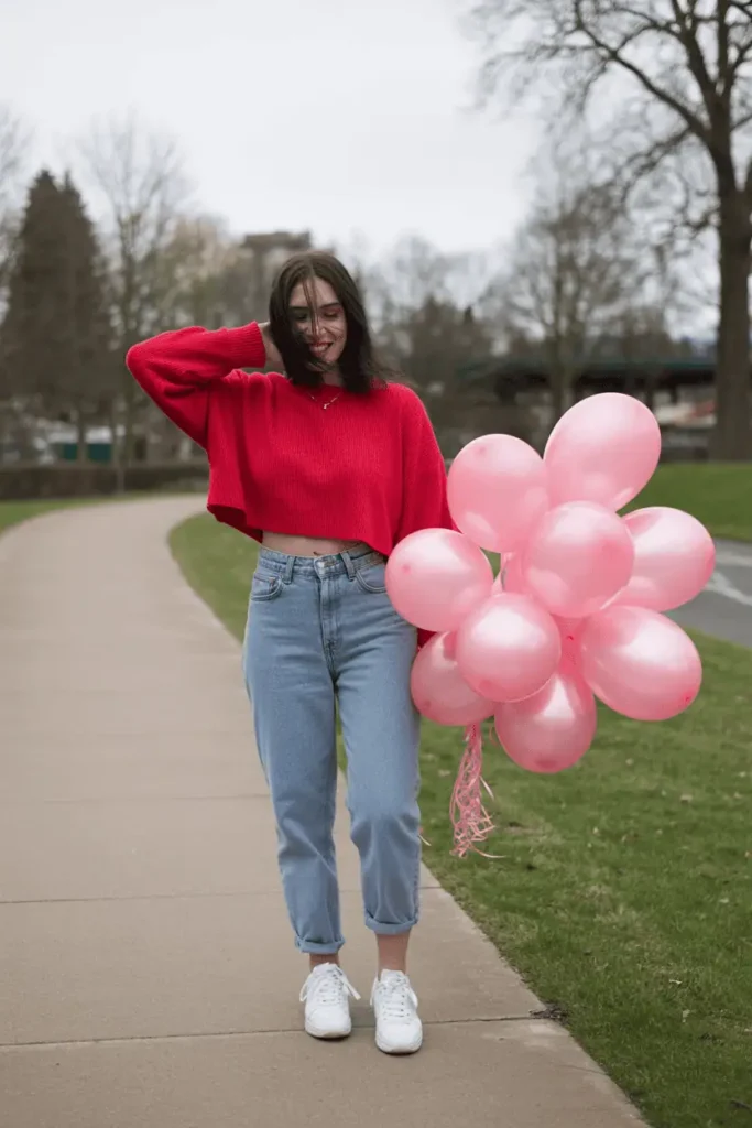 Casual Valentine's outfit: high-waisted jeans, red cropped sweater, white sneakers. Outdoor lifestyle shot holding pink balloons or bouquet. Soft natural daylight, cheerful aesthetic.