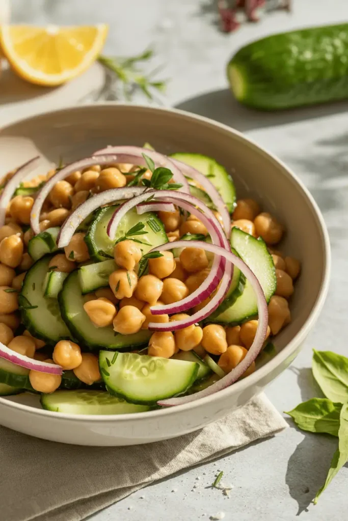 “chickpea cucumber salad with red onion and herbs, fresh crisp ingredients, bright spring lighting, clean bowl, professional food photography, photorealistic, no text, vertical 2:3”