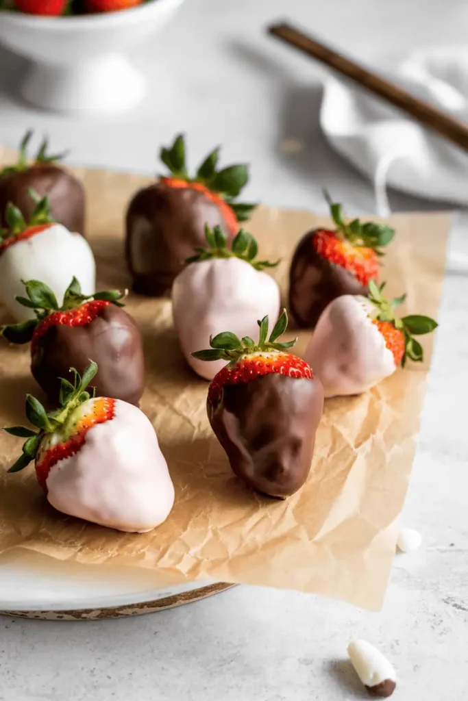 “chocolate-dipped strawberries on parchment paper, glossy chocolate coating, light easter colors, fresh spring daylight, minimal styling, professional food photography, photorealistic, no text, vertical 2:3”
