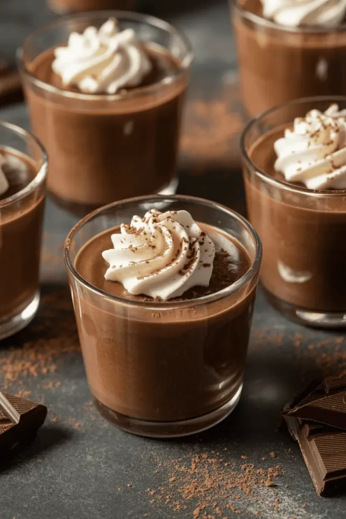 “chocolate mousse served in small glass cups, whipped cream topping, shaved chocolate garnish, moody romantic lighting, smooth creamy texture, professional food photography, no text, 2:3 vertical”