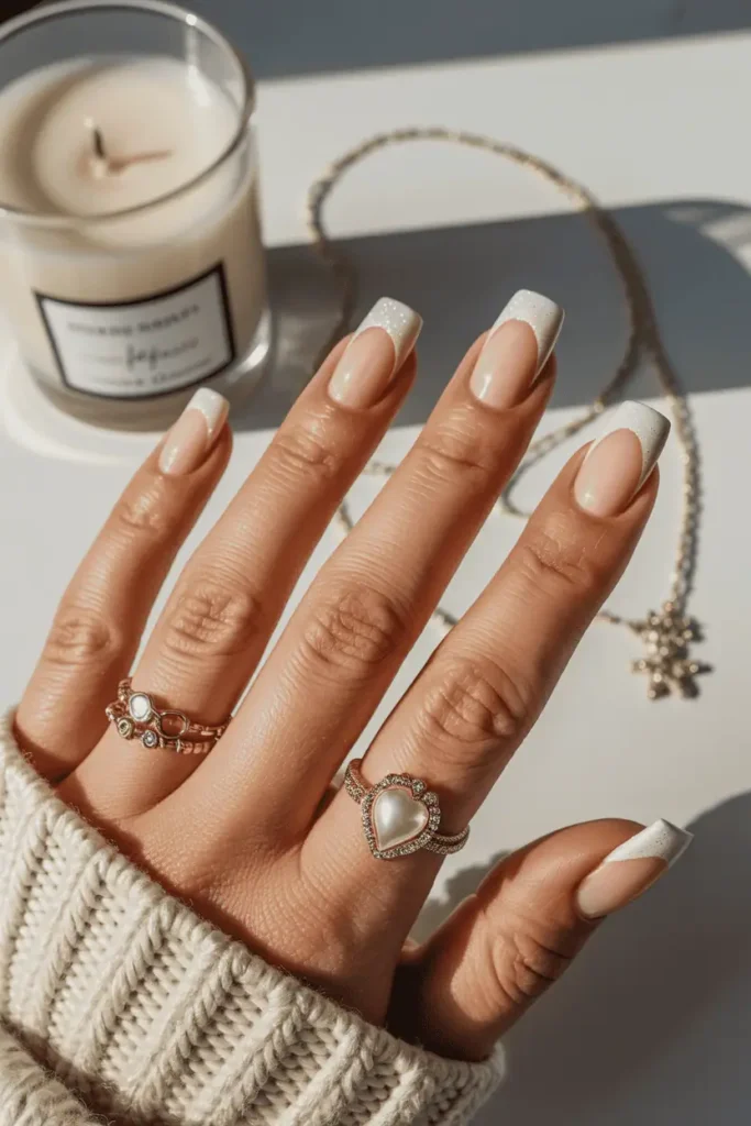 Classic French manicure with glitter white tips, nude base, elegant winter setup.
Pinterest hero photo, soft daylight, realistic hands, cozy luxury vibe, props: jewelry, sweater, candle.