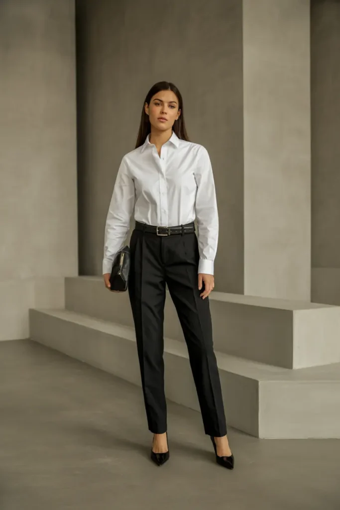 A chic, minimalist outfit featuring a crisp, tailored white button-down shirt paired with sleek, well-fitted trousers in a neutral tone. The clothing is expertly tailored, with clean lines and a streamlined silhouette that conveys a sense of sophistication and effortless style. The lighting is soft and diffuse, creating an elegant, studio-like ambiance that highlights the textures and details of the fabrics. The background is a simple, uncluttered setting, allowing the outfit to be the sole focus of the image. The overall mood is one of timeless, refined elegance - a classic combination that still looks polished and expensive. A white button-down shirt paired with tailored black trousers and pointed flats in a minimalist studio setting.