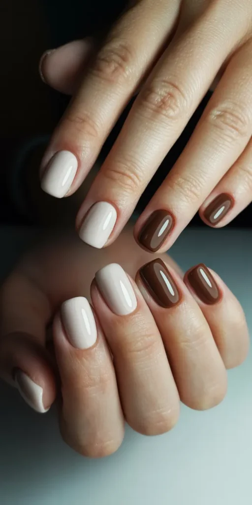 Short square nails alternating between cream white and cocoa brown polish, sophisticated neutral Valentine's manicure