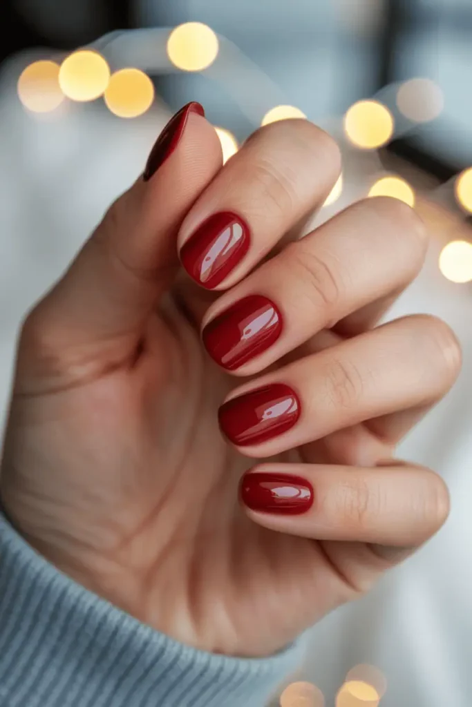 cranberry berry red nails, glossy rich finish, warm cozy holiday background with soft lights, realistic hands, smooth color transitions