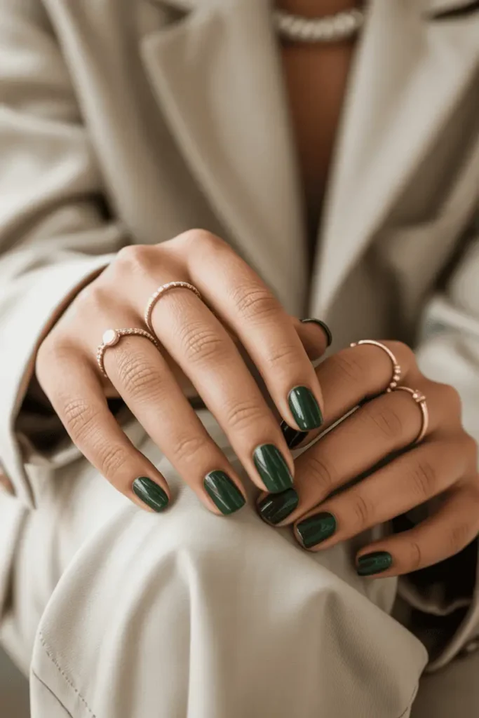 Deep forest green nails, clean modern background, elegant simplicity.