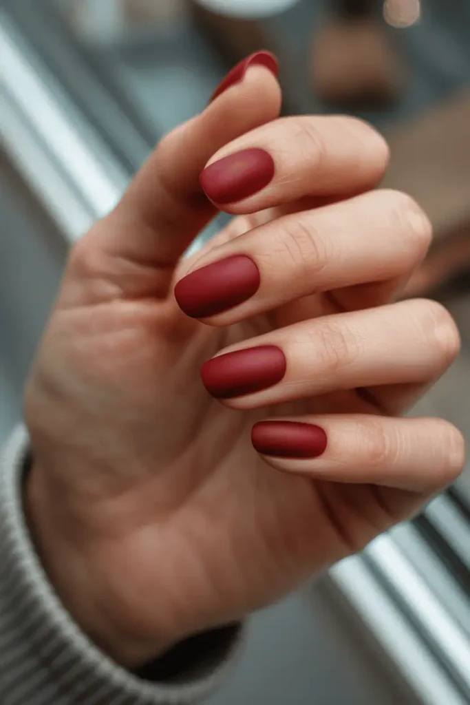 deep red matte nails with velvety texture, soft diffused lighting, warm romantic tone, realistic hands, subtle blurred props