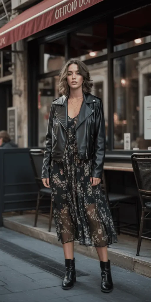 Edgy Feminine: Leather Jacket + Floral Dress + Ankle Boots