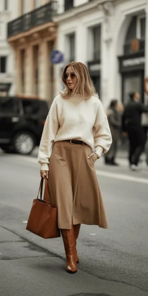 White Sweater with Camel Midi Skirt and Tall Boots