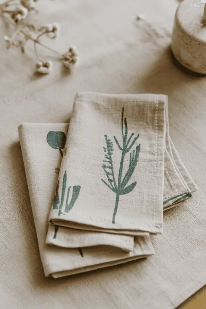 “hand-painted or stamped cloth napkins with simple botanical patterns, folded neatly on table, soft neutral colors, spring daylight, casual handmade style, realistic photography, no text, 2:3 vertical”