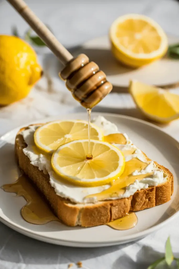 “lemon ricotta toast drizzled with honey, fresh lemon zest visible, rustic bread, soft spring daylight, clean editorial styling, photorealistic, no text, vertical 2:3”