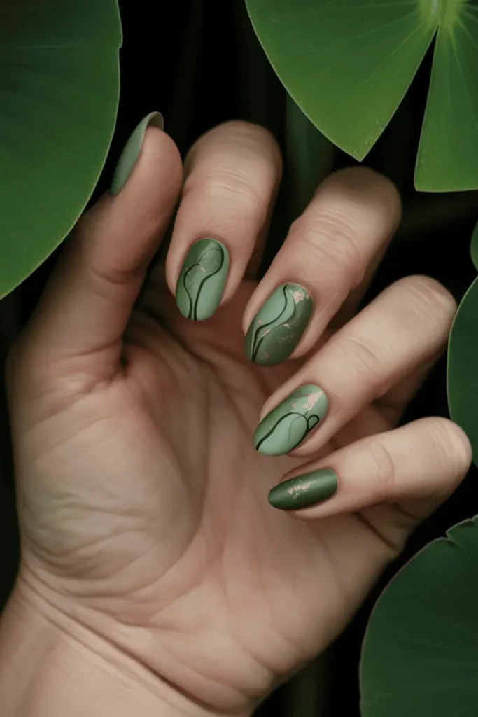 lily pad nail art, moss green and sage green nails inspired by pond leaves, matte and satin finishes, organic shapes, subtle gold flecks, dark botanical background, earthy forest atmosphere, cinematic lighting, editorial nail photography, realistic skin texture, pinterest vertical 2:3 ratio, no text