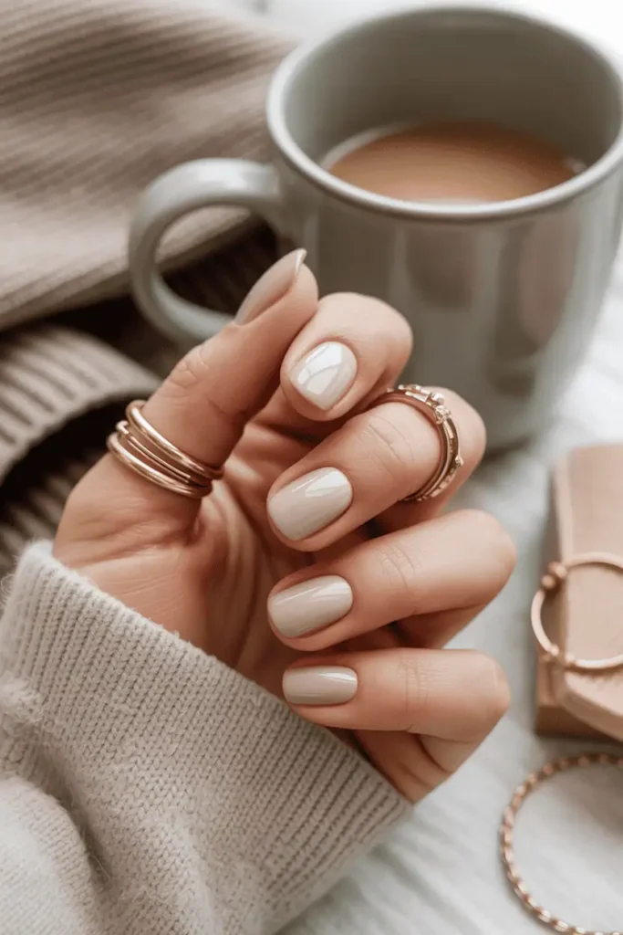 Milky beige nails, high-gloss finish, soft daylight, cozy lifestyle composition.