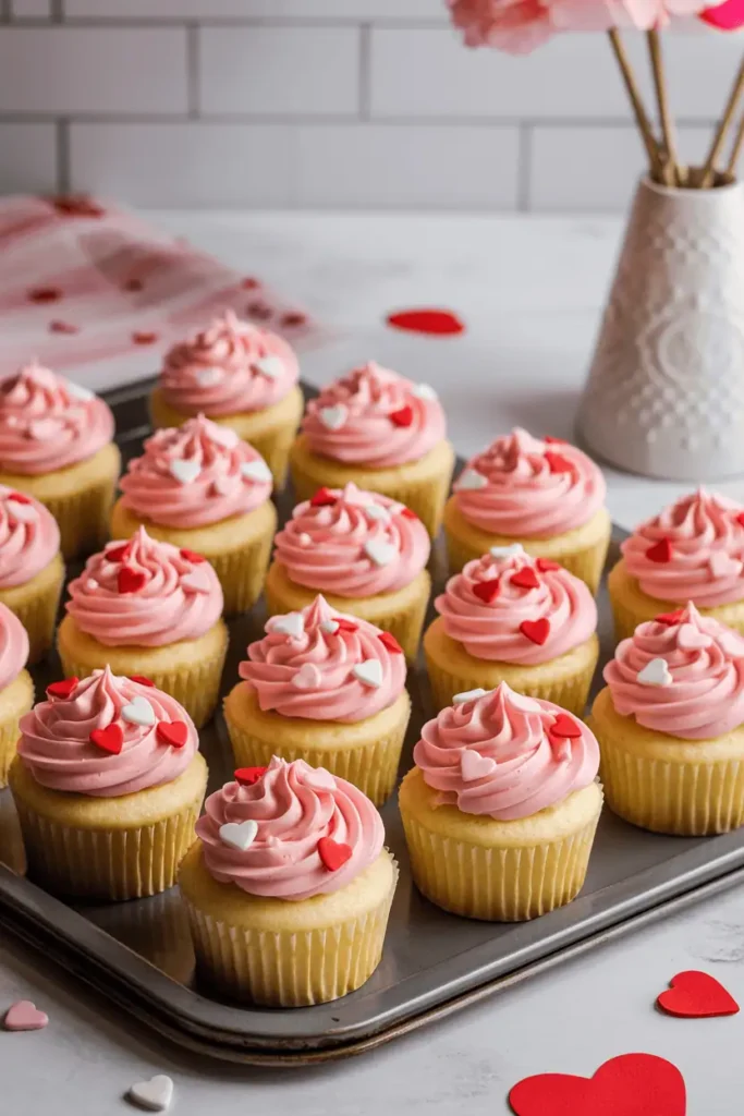 “mini Valentine cupcakes with pink frosting and heart sprinkles, arranged on baking tray, cheerful lighting, simple decorations, cozy kitchen vibe, professional food photography, no text, vertical 2:3”