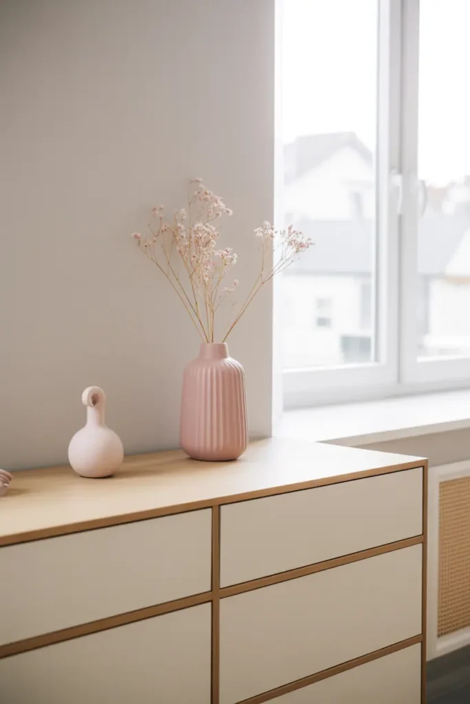 “minimal spring-styled console or dresser with only a few curated items, clean surfaces, pastel accents, bright window light, calm spring mood, Scandinavian aesthetic, realistic photography, no text, 2:3 vertical”