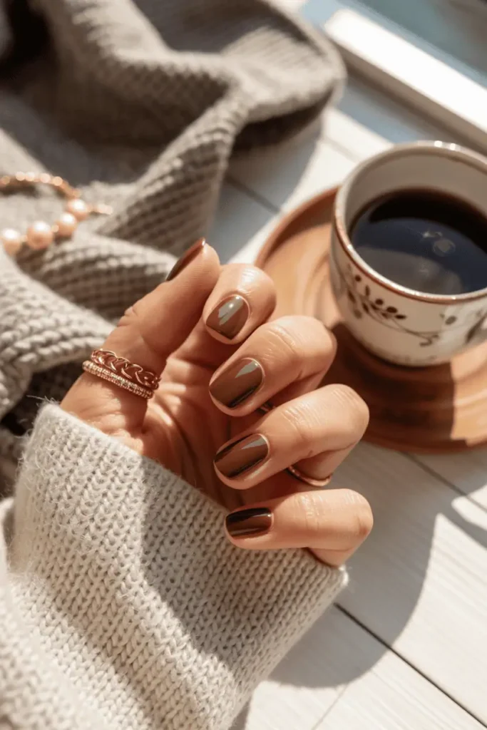 Mocha brown nails, warm tones, cozy elegant setup.