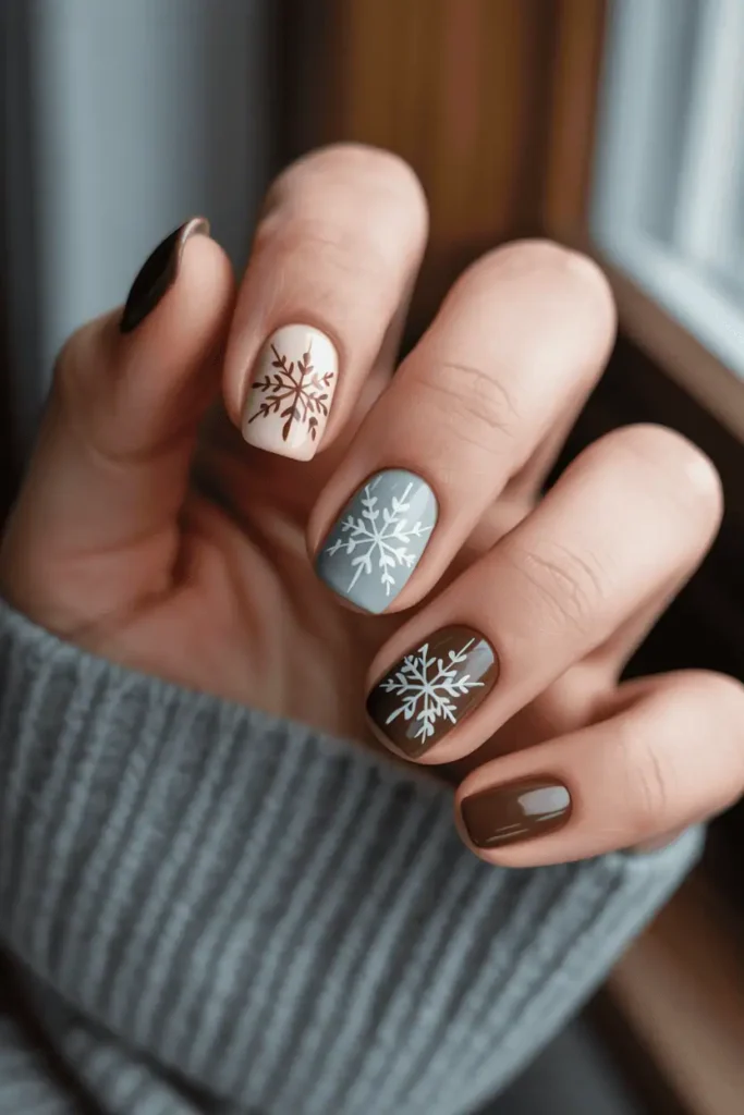 muted cream, grey-blue, and brown nails with Nordic snowflake patterns, soft rustic winter background, cozy textured lighting, realistic hands