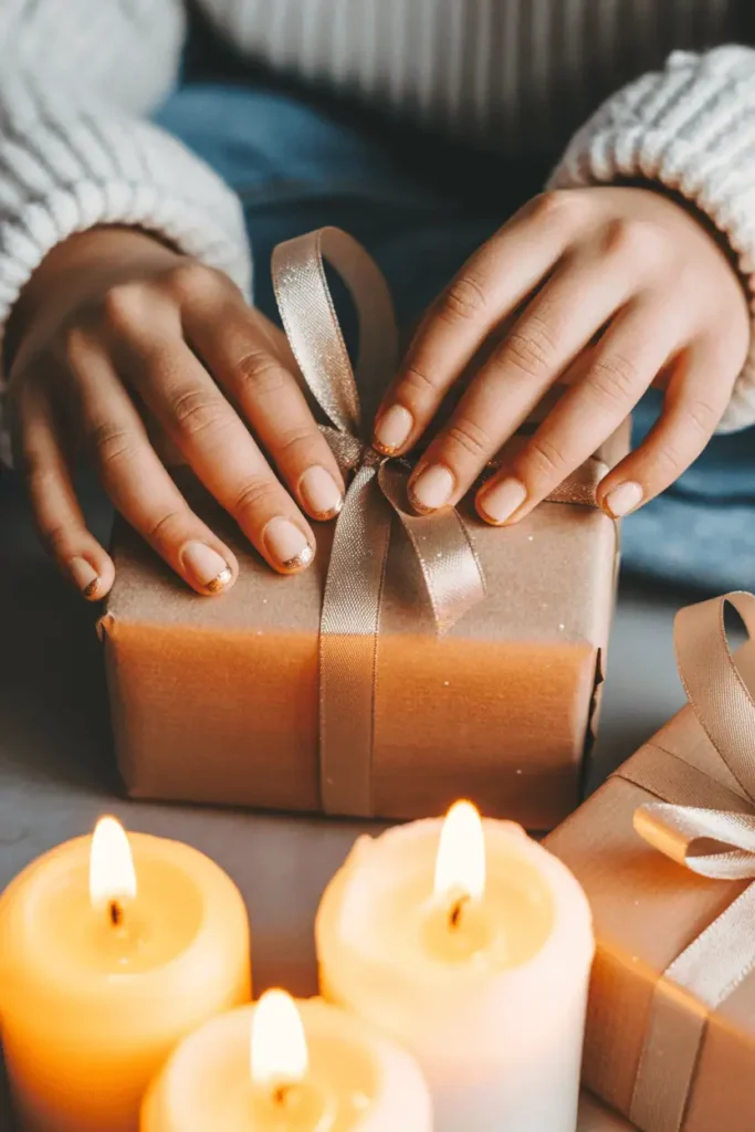 Neutral nails with gold glitter tips, kid’s hands holding a wrapped gift or ribbon.