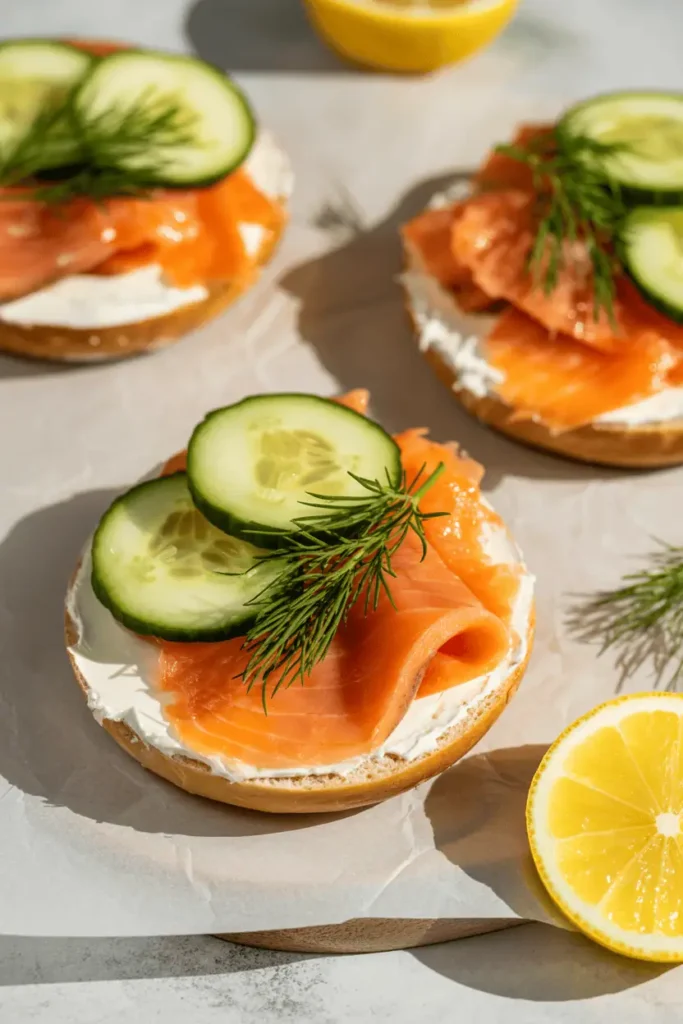“open-faced bagels with cream cheese and smoked salmon, cucumber slices dill lemon, light fresh brunch styling, bright natural light, professional food photography, photorealistic, no text, vertical 2:3”