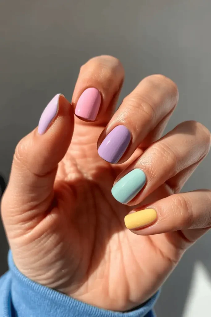 pastel skittle nail design, each nail a different pastel color pink lavender mint baby blue butter yellow, glossy finish, short nails, spring aesthetic, natural lighting, editorial nail photography, pinterest vertical 2:3 ratio, no text
