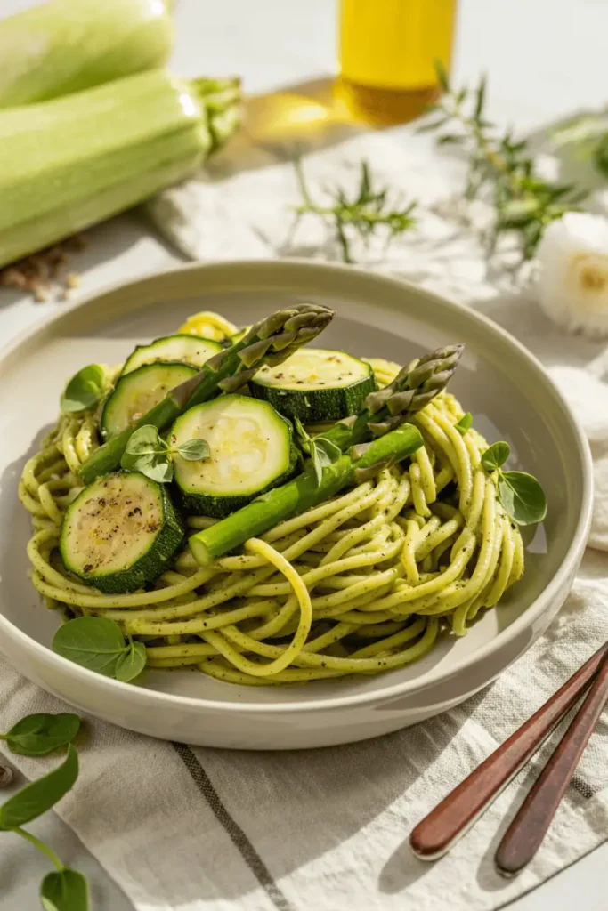 “pesto pasta with zucchini and asparagus slices, vibrant green color, fresh herbs, bright spring light, clean bowl, professional food photography, photorealistic, no text, vertical 2:3”